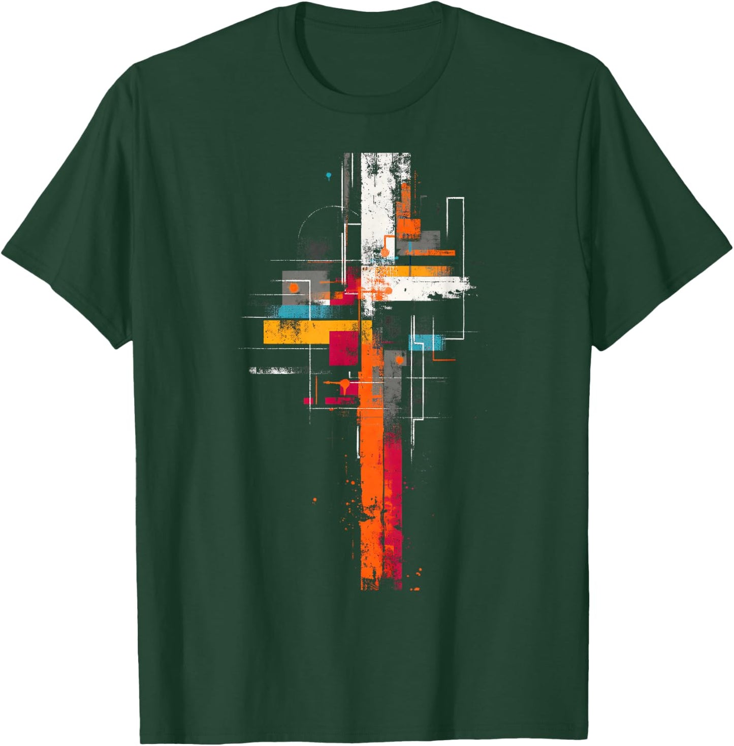 Grunge Abstract Geometric Cross, Orange Yellow Teal Graphic T-Shirt - T-Shirt | Forest