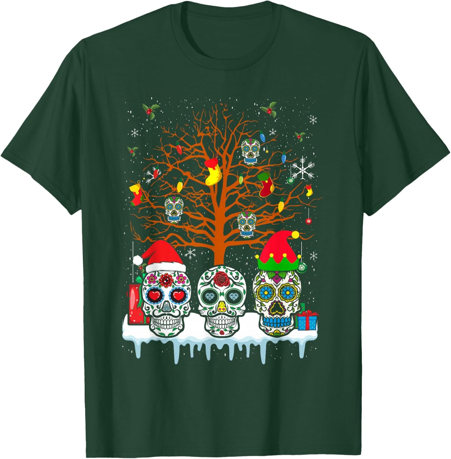 Christmas Sugar Skull On Tree Funny Santa Sugar Skull T-Shirt - T-Shirt | Forest