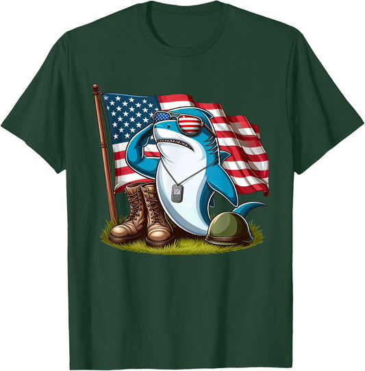 Salute Shark American USA Flag Memorial Day 4th of July T-Shirt - T-Shirt | Forest