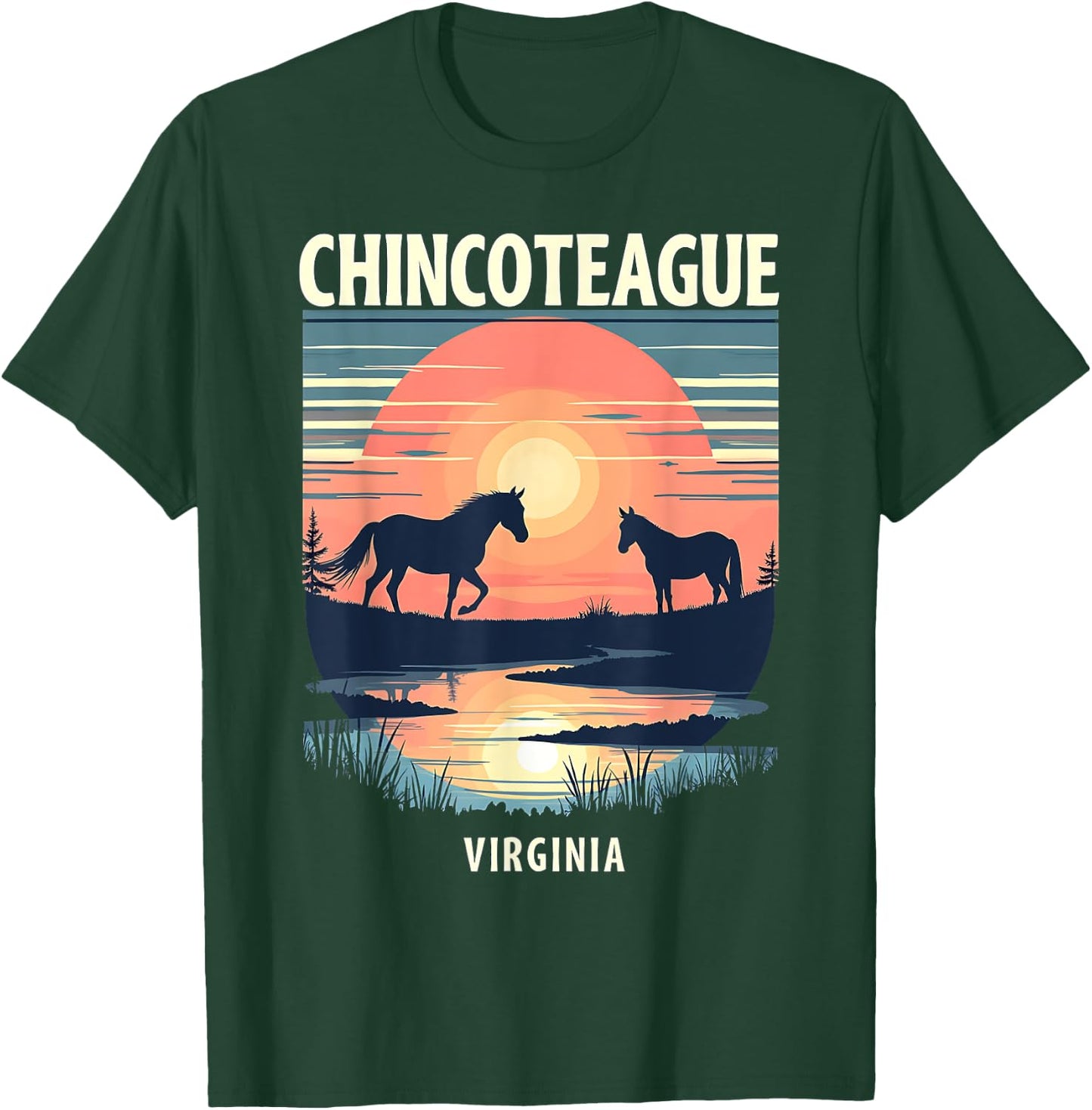 Retro Sunset Horse Silhouettes Chincoteague Virginia T-Shirt - T-Shirt | Forest
