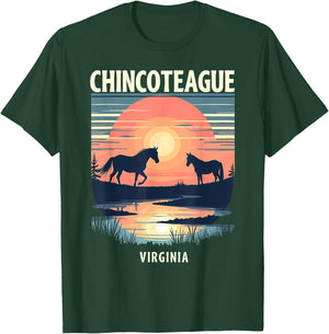 Retro Sunset Horse Silhouettes Chincoteague Virginia T-Shirt - T-Shirt | Forest