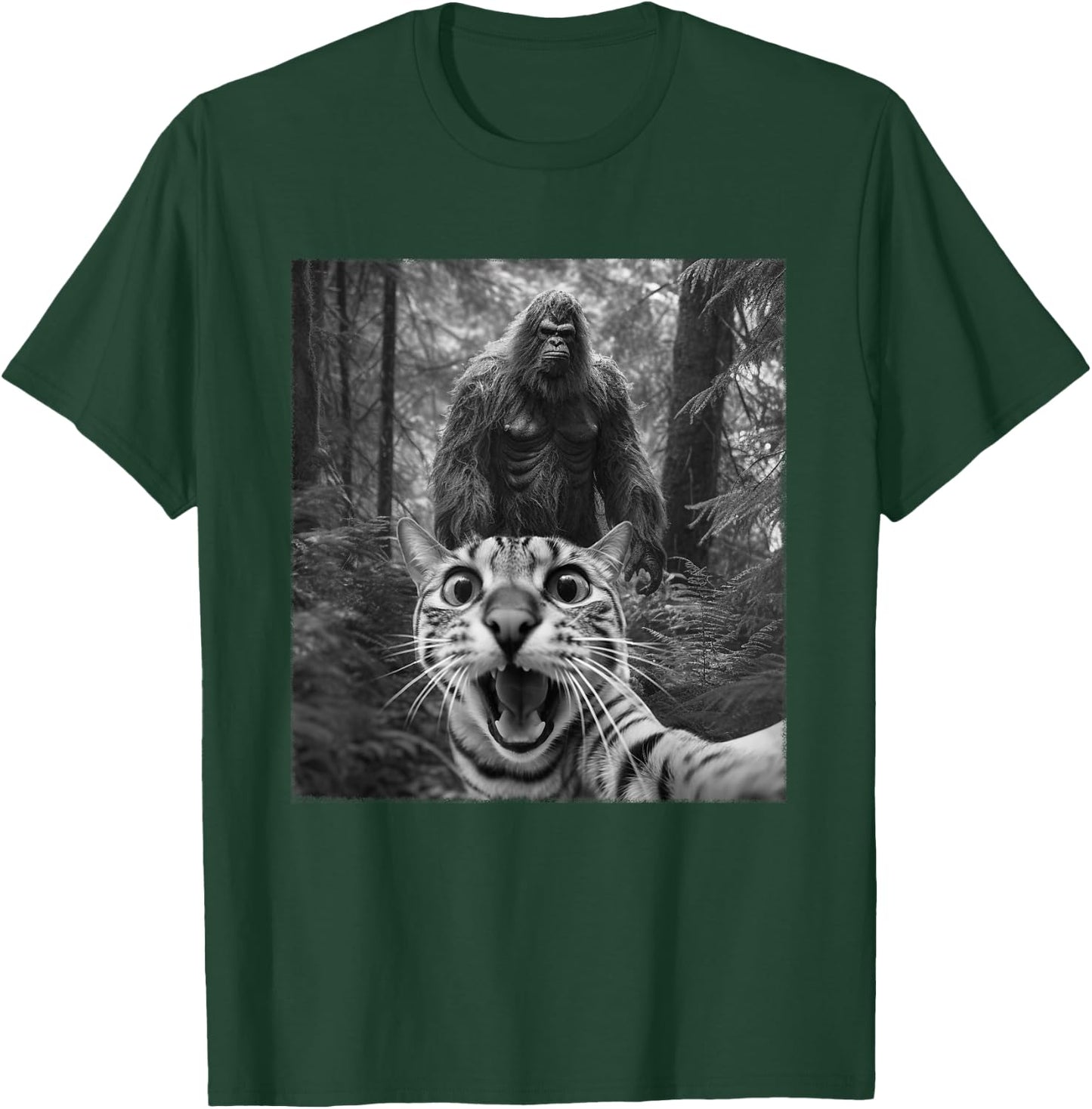 Surprised Scared Cat Selfie With Sasquatsch Bigfoot Meme Women Kids T-Shirt - T-Shirt | Forest