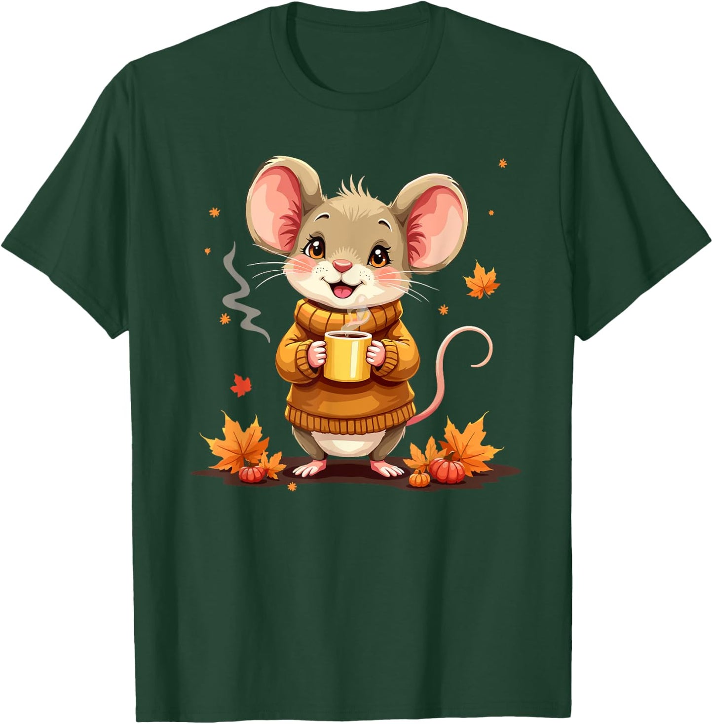 Cute Mouse With Sweater Autumn Graphic T-Shirt - T-Shirt | Forest