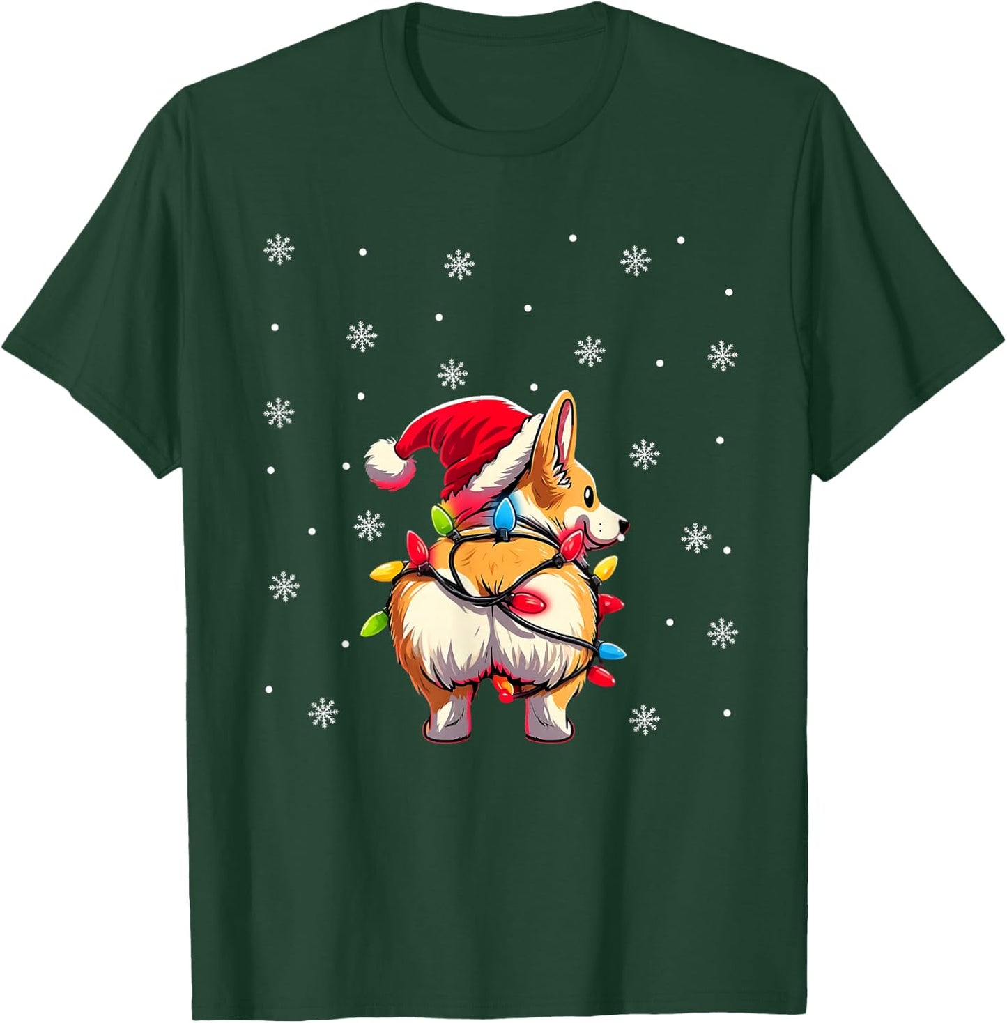 Corgi Butt Funny Santa Hat Christmas Snowflakes Lights T-Shirt - T-Shirt | Forest