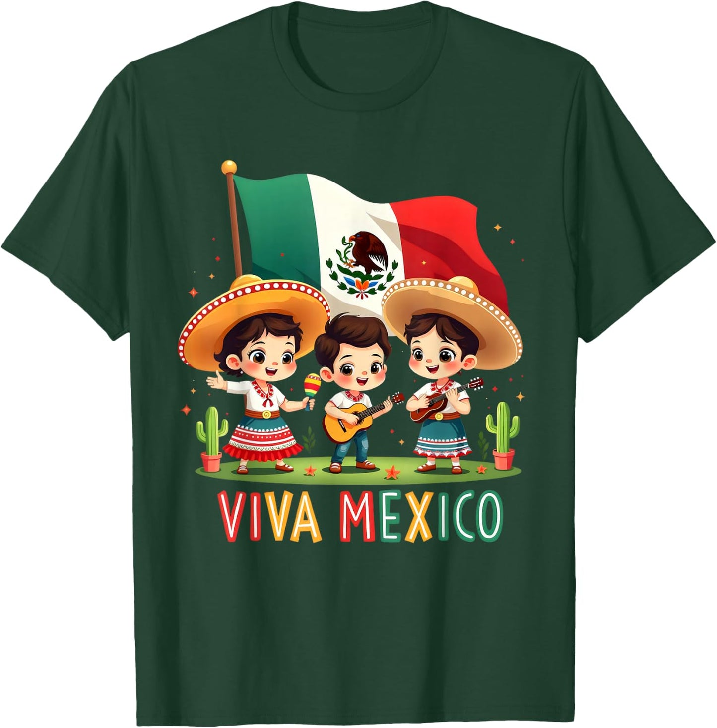 Viva Mexico Girl Boy Maracas Guitar Mexican Independence Day T-Shirt - T-Shirt | Forest