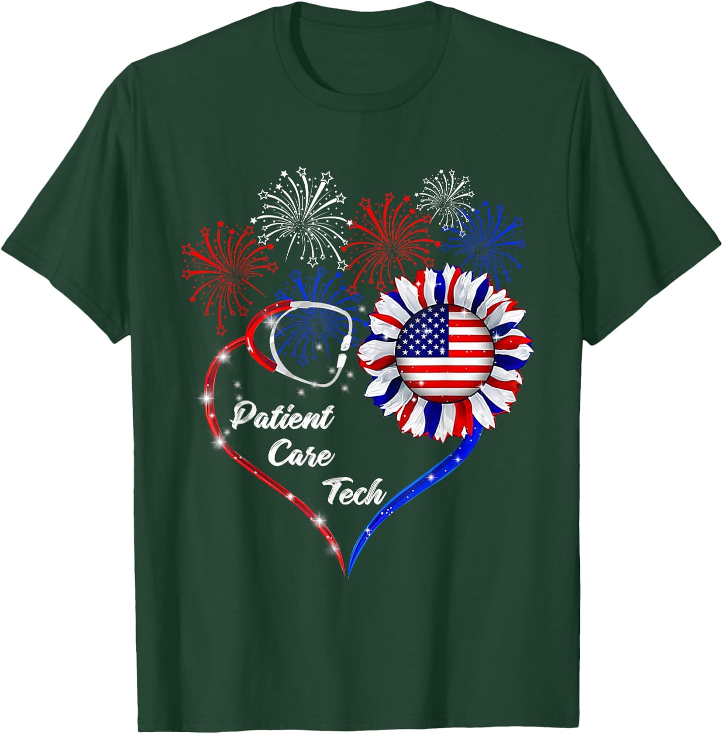 American Flag July 4th Firework Sunflower Patient Care Tech T-Shirt - T-Shirt | Forest