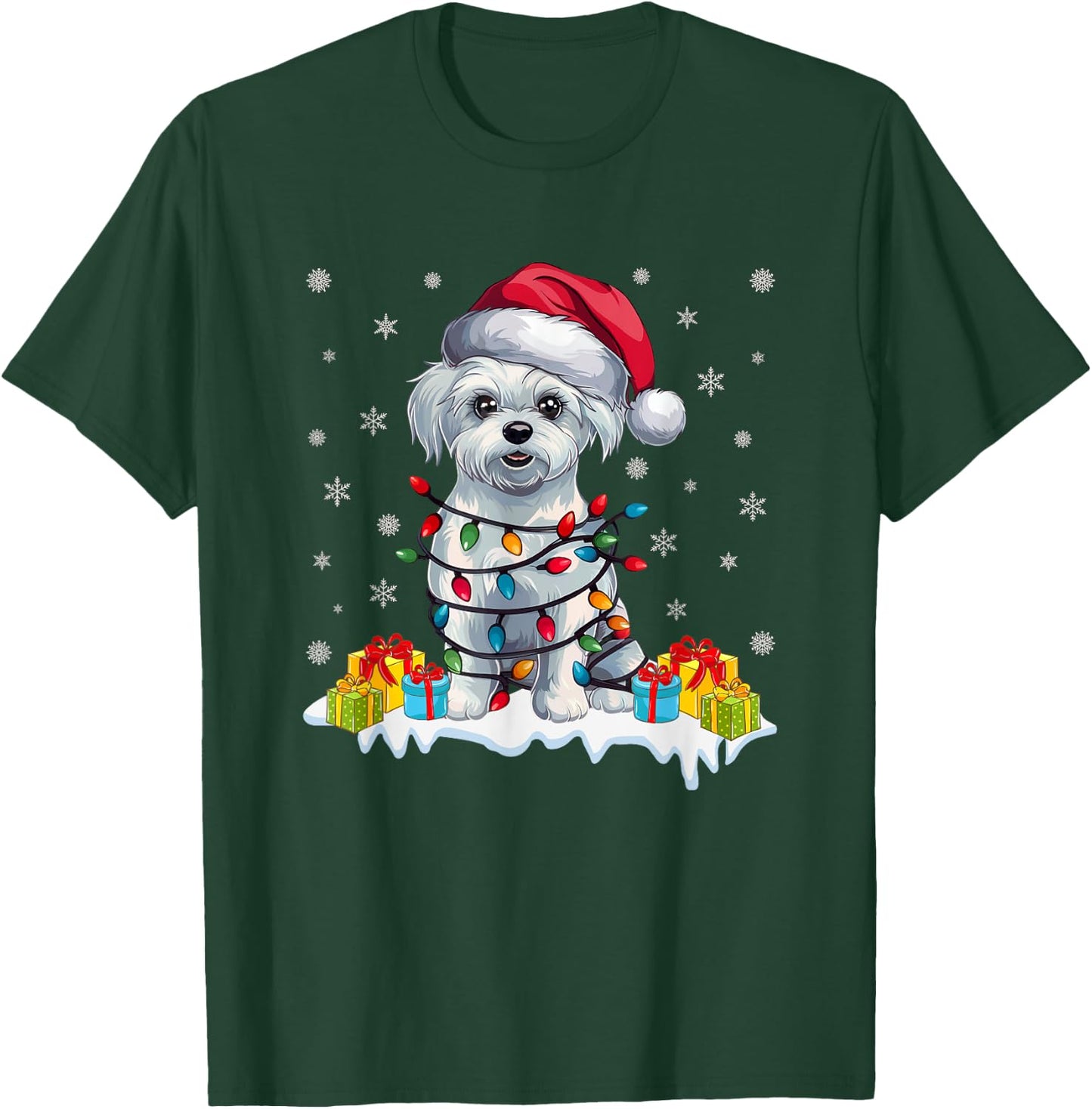 Xmas Lighting Maltese Dog Wearing Santa Hat Ugly Christmas T-Shirt - T-Shirt | Forest