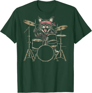 Rock and Roll Cat Drum Vintage ROCK Cat Drummer (ART BACK) Men Women Kids T-Shirt - T-Shirt | Forest