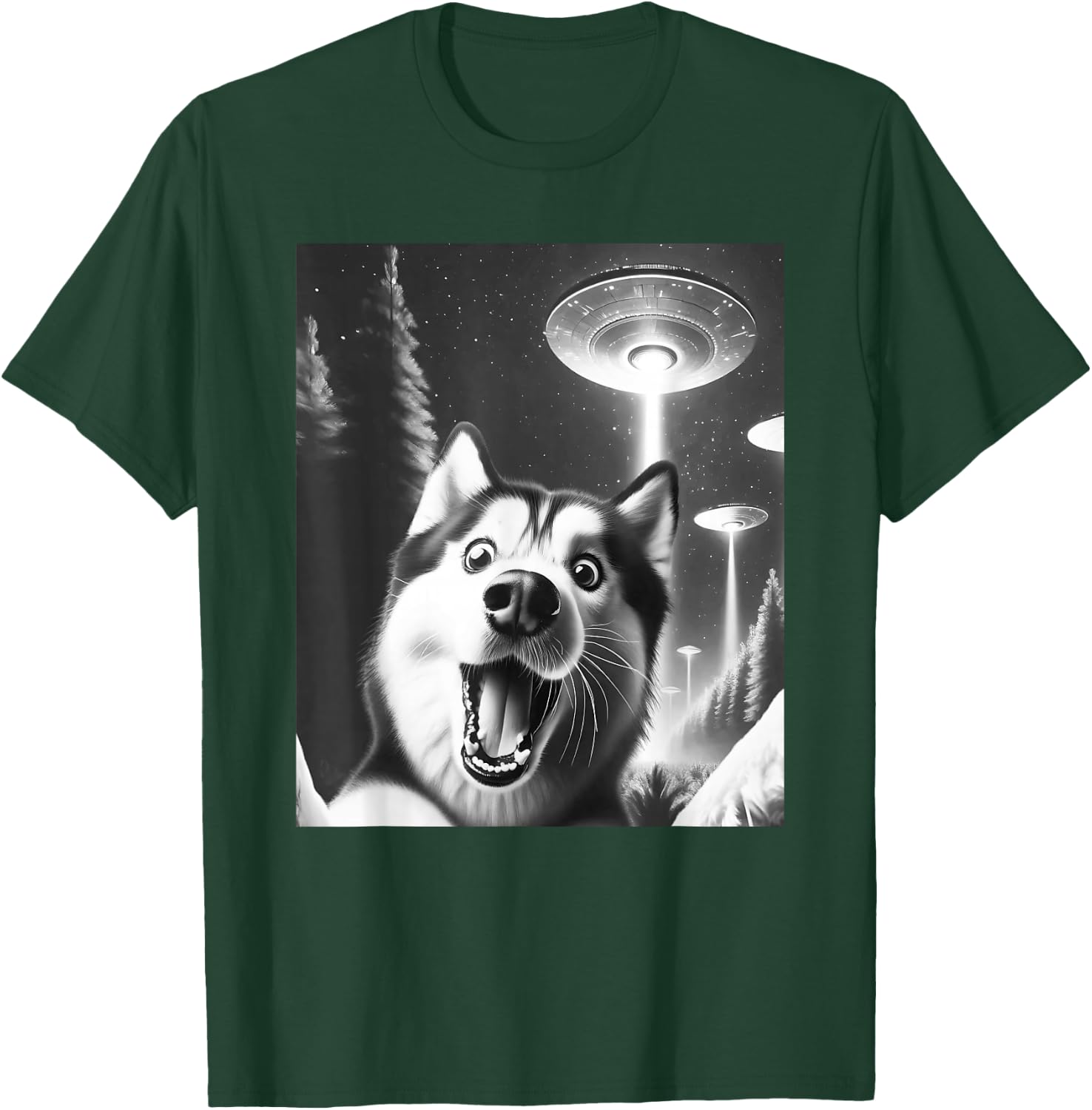 Funny Siberian Husky Alien UFO Taking a Selfie Dog Mom Dad T-Shirt - T-Shirt | Forest
