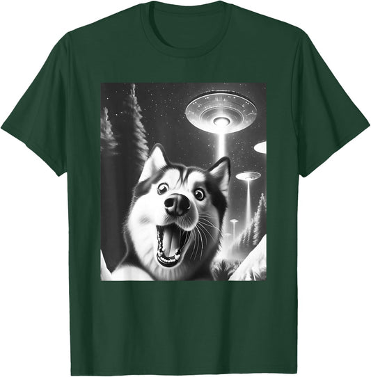 Funny Siberian Husky Alien UFO Taking a Selfie Dog Mom Dad T-Shirt - T-Shirt | Forest