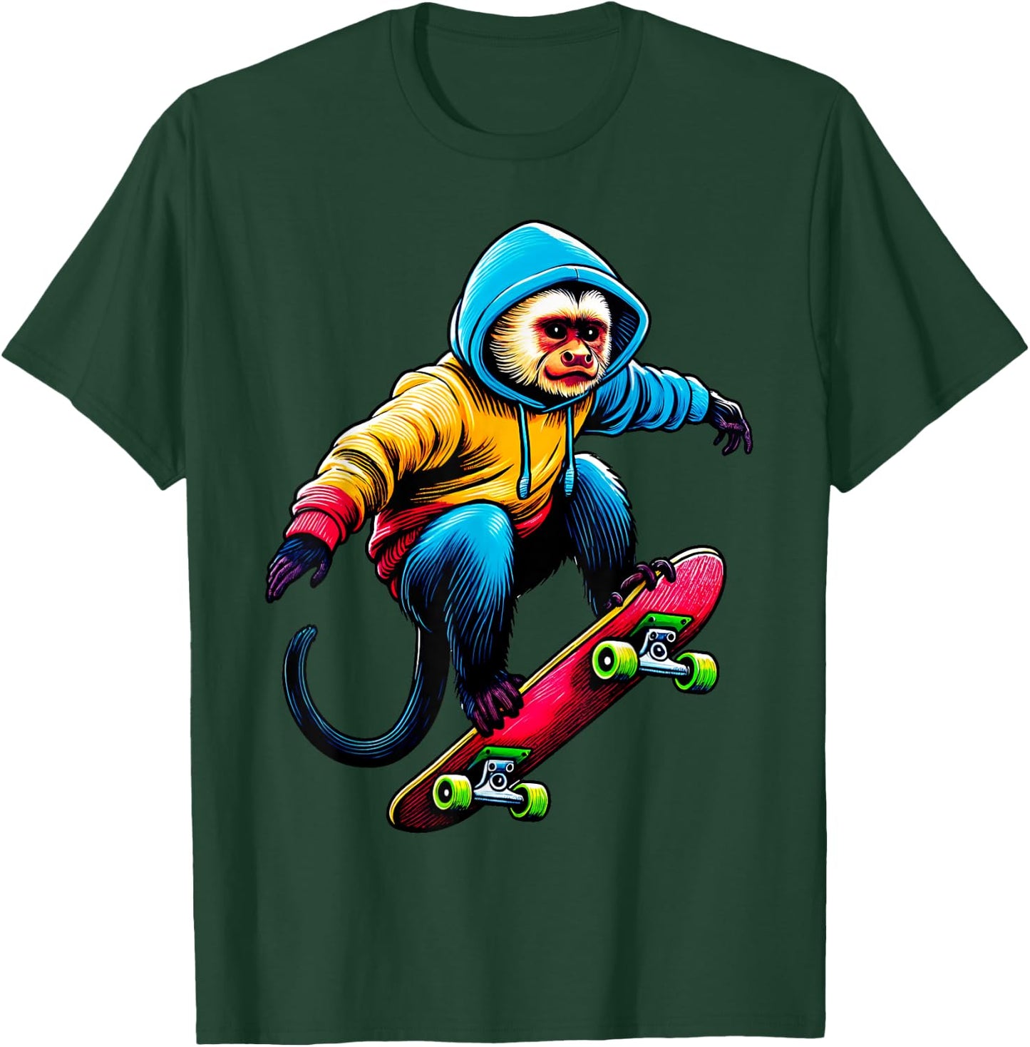 Cool Funky Capuchin Monkey Skateboarding Illustration Art T-Shirt - T-Shirt | Forest