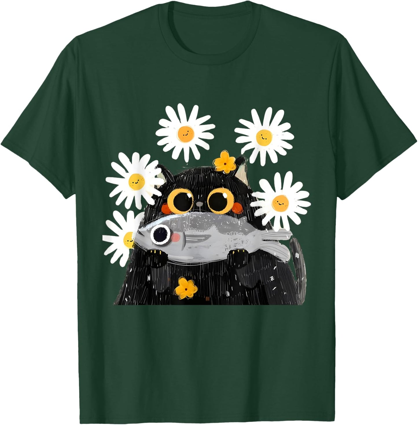 Cute Cat Holding Fish Cat Fish Lover Floral Cat Funny Kitty T-Shirt - T-Shirt | Forest