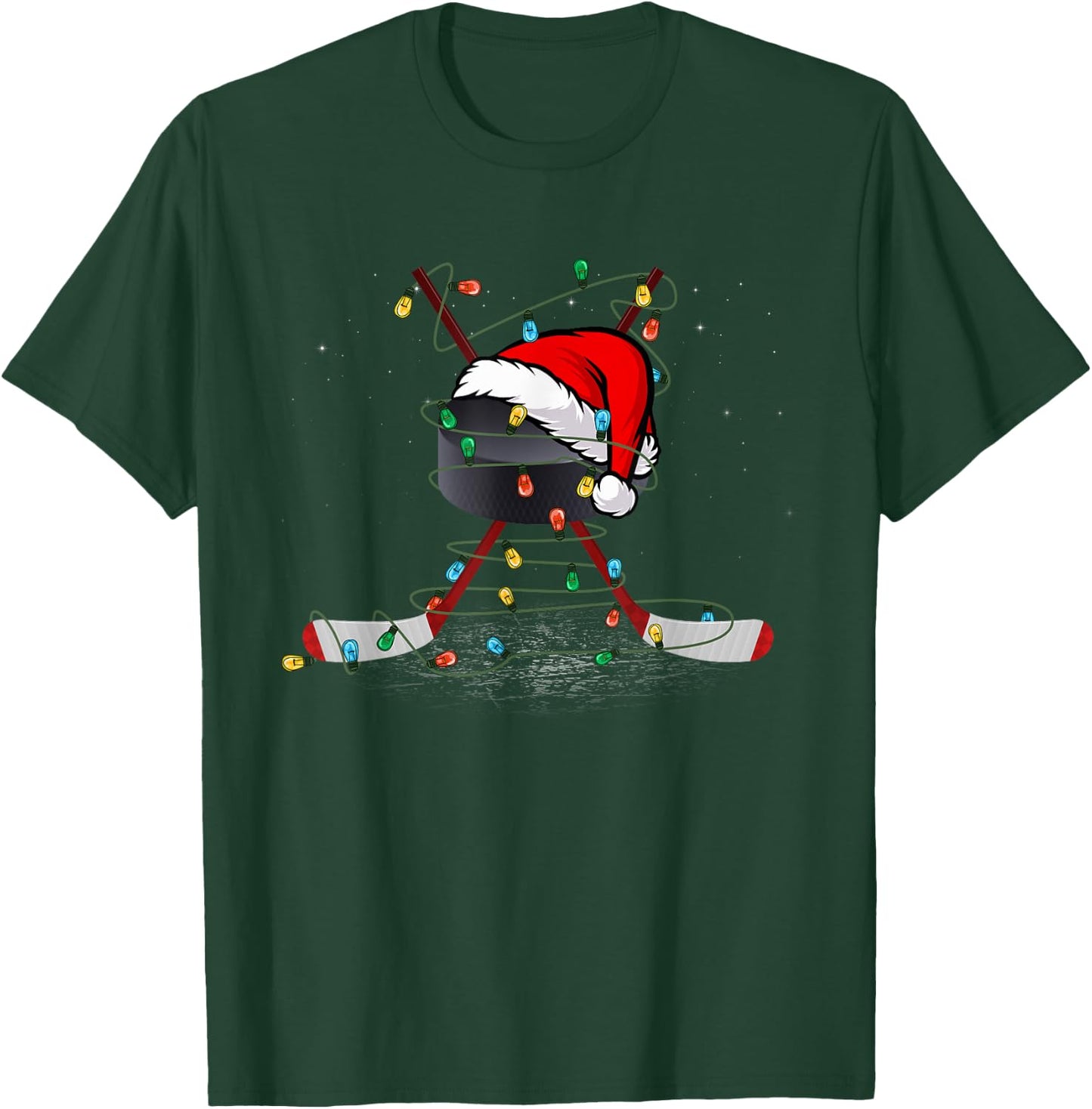 Funny Christmas Hockey Santa Hat Xmas Lights Kids Boys Men T-Shirt - T-Shirt | Forest