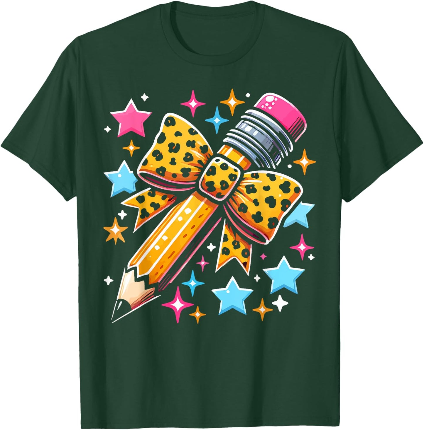 Pencil Leopard Coquette Bow Teacher Life Back To School T-Shirt - T-Shirt | Forest