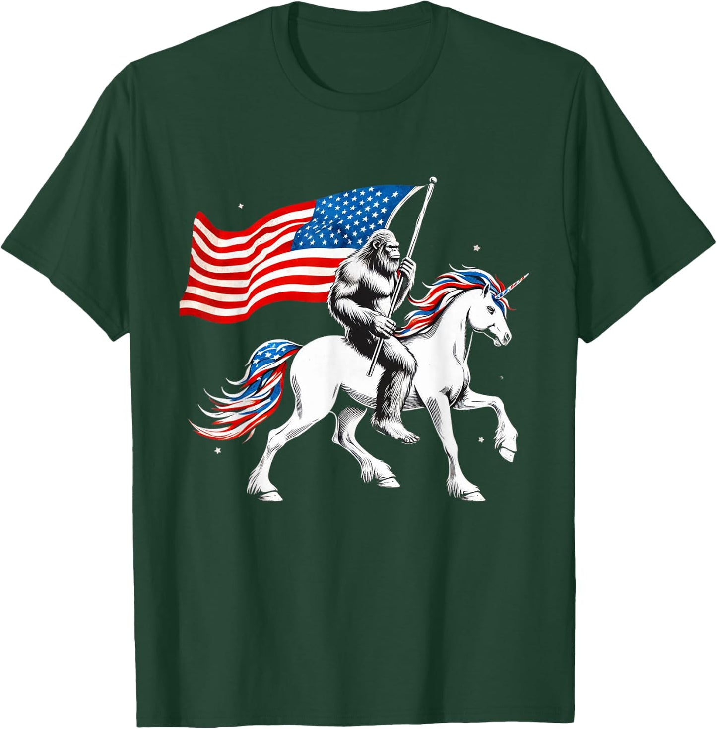 Patriotic Bigfoot Riding Unicorn 4th Of July Sasquatch Women Kids Men T-Shirt - T-Shirt | Forest