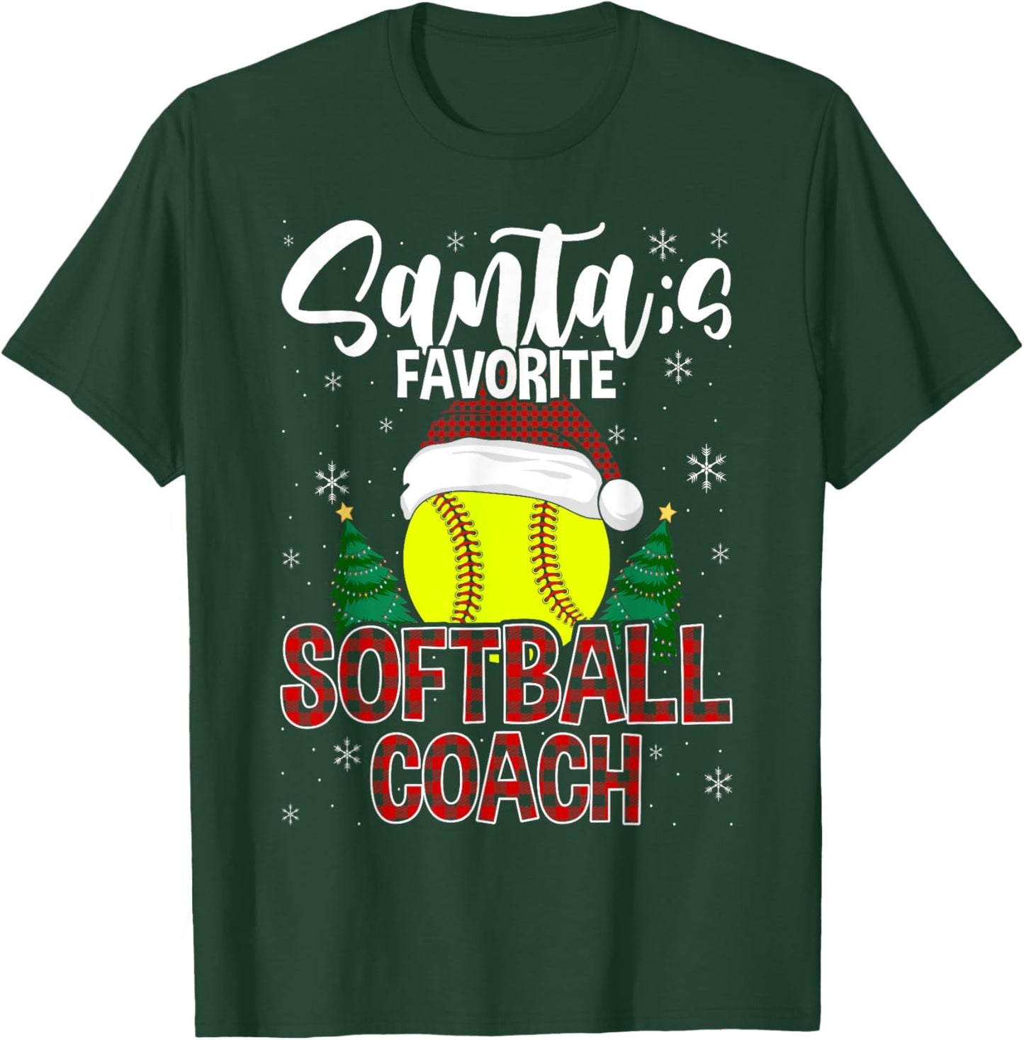 Funny Santa's Favorite Softball Coach Christmas Plaid Xmas T-Shirt - T-Shirt | Forest