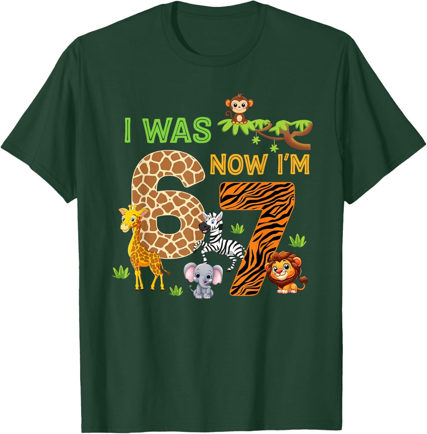 I was 6 Now I'm 7 Wild 7th Birthday Kids Safari Zoo 6 7 Meme T-Shirt - T-Shirt | Forest