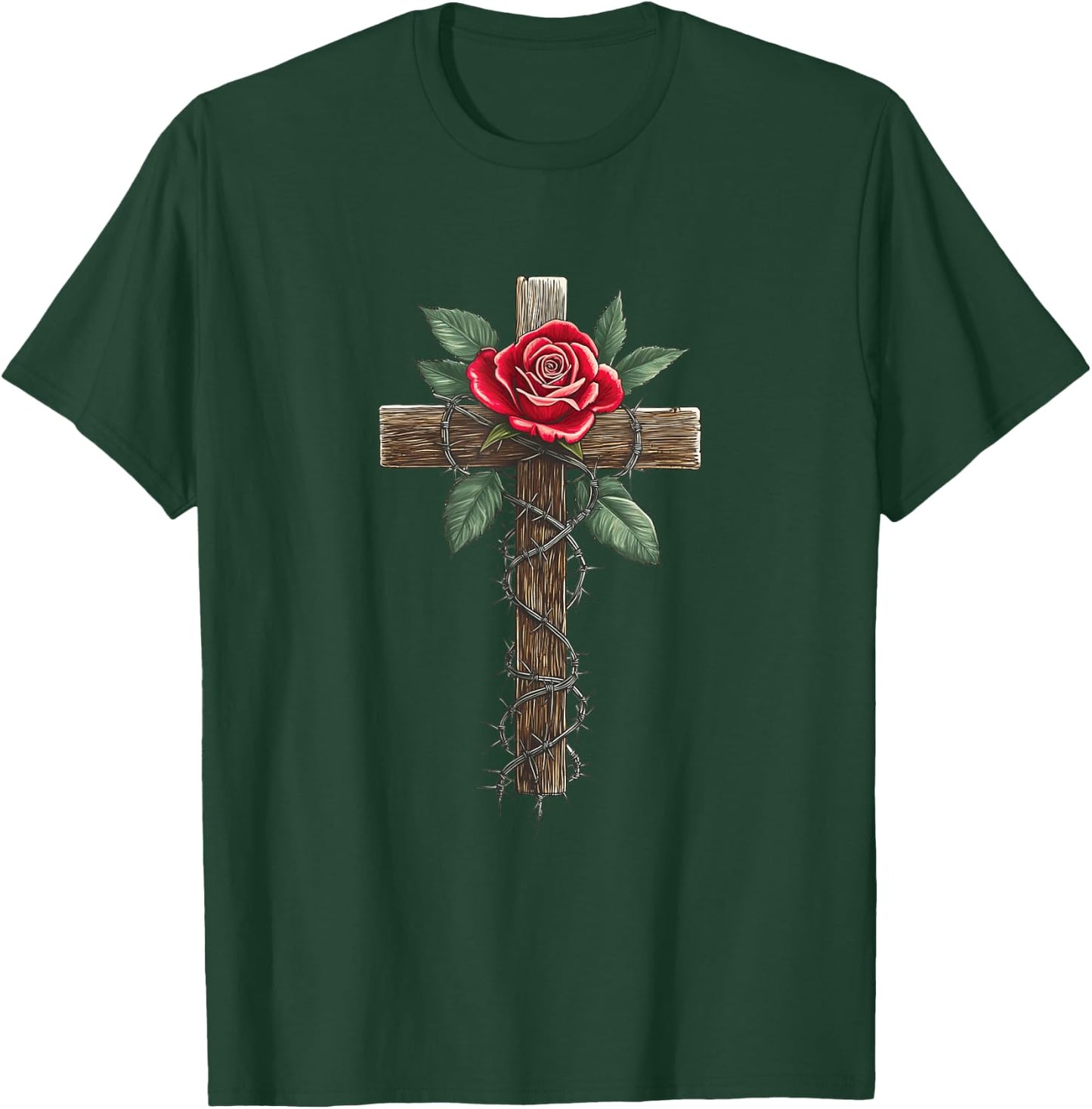 Cross with Rose and Thorns T-Shirt - T-Shirt | Forest
