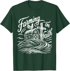 Farming on Faith Barn Cross Christian Farmer Religious T-Shirt - T-Shirt | Forest