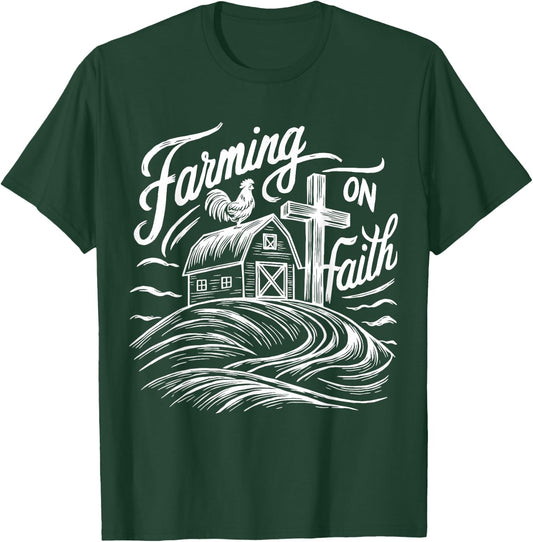 Farming on Faith Barn Cross Christian Farmer Religious T-Shirt - T-Shirt | Forest