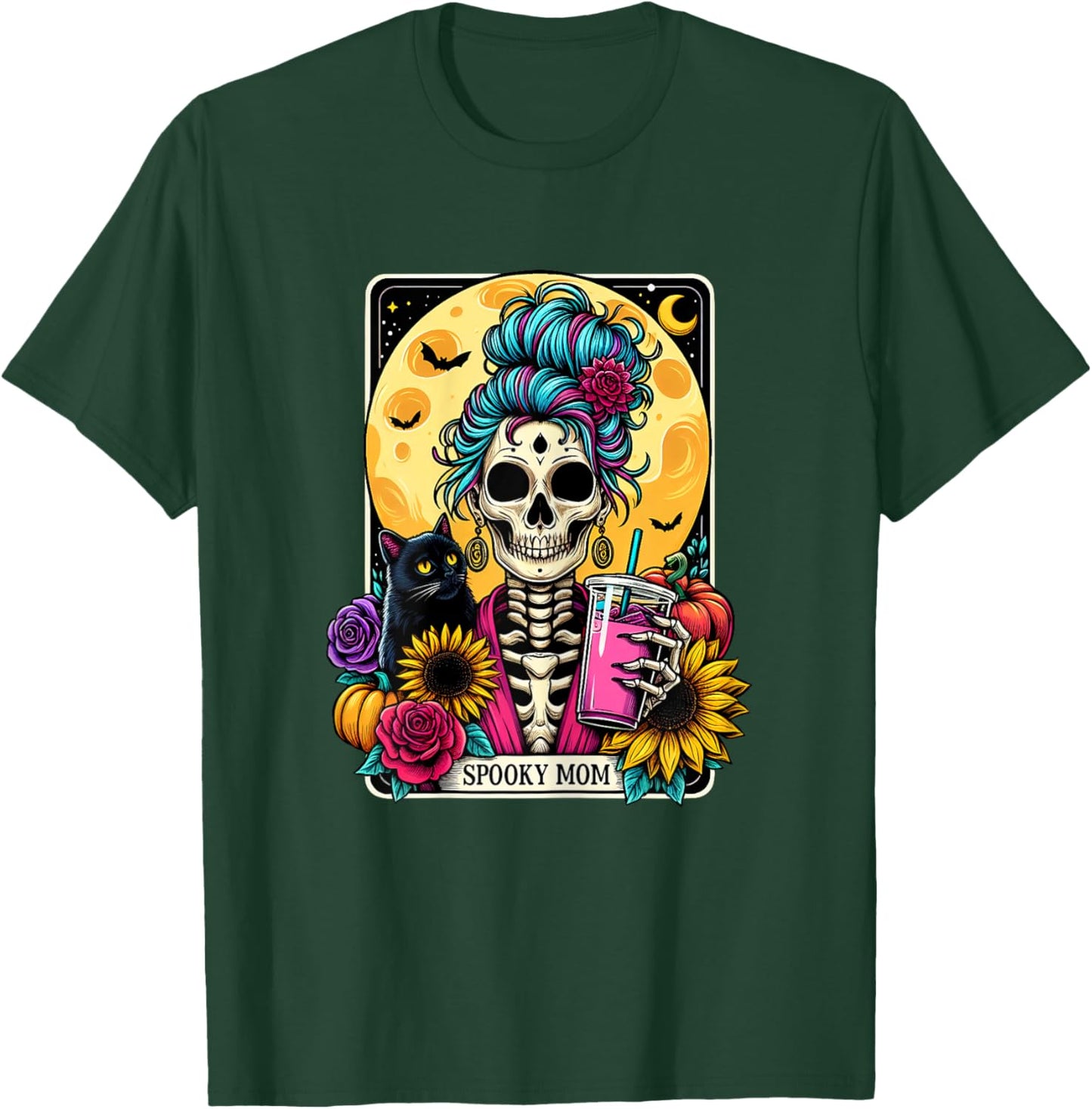 Spooky Mom Tarot Card Halloween Mom Skull Mama Black Cat T-Shirt - T-Shirt | Forest
