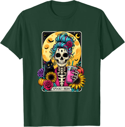 Spooky Mom Tarot Card Halloween Mom Skull Mama Black Cat T-Shirt - T-Shirt | Forest