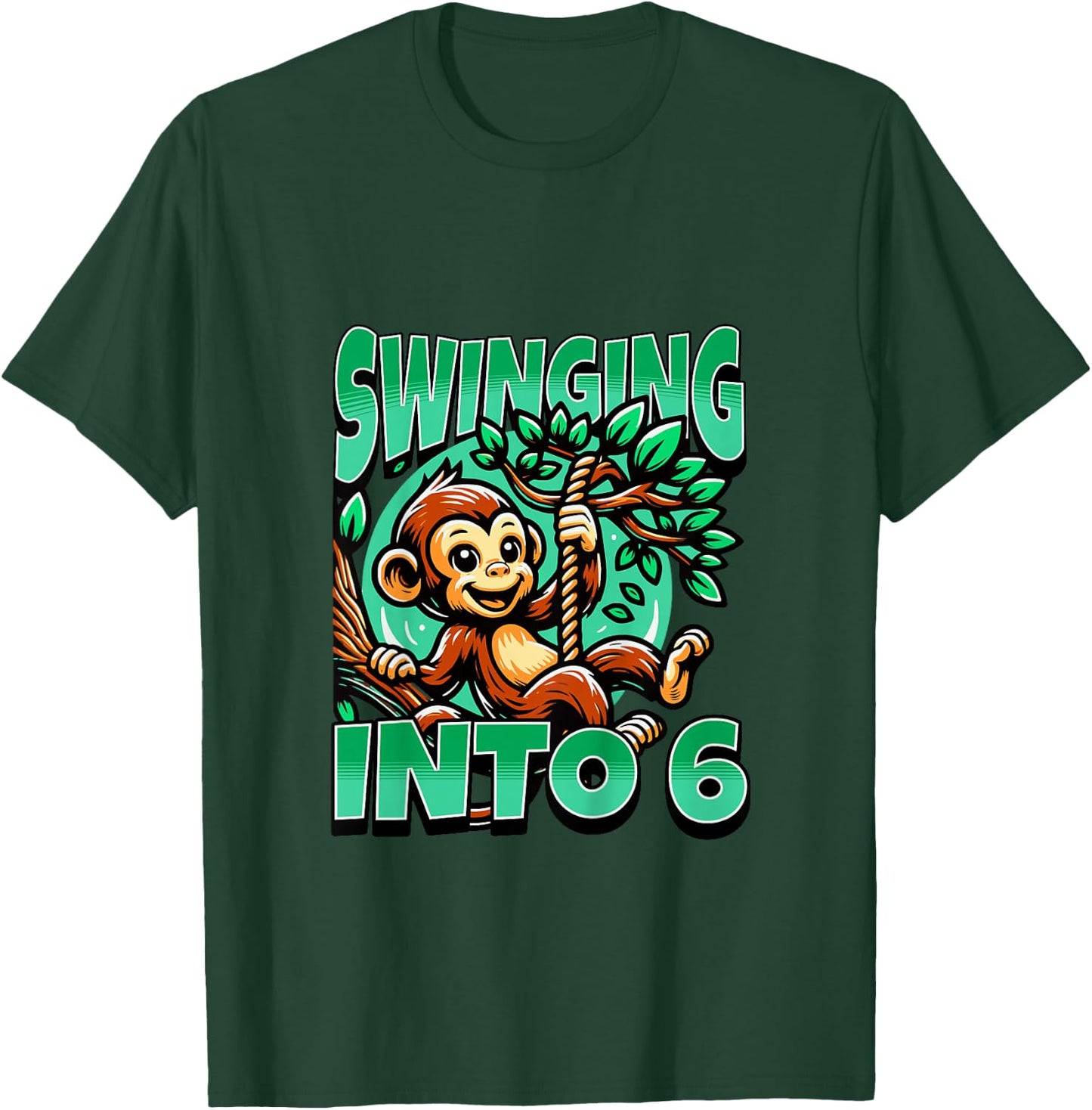 Kids Monkey Swinging Into 6 Year Old 6th Birthday Boy Girl T-Shirt - T-Shirt | Forest