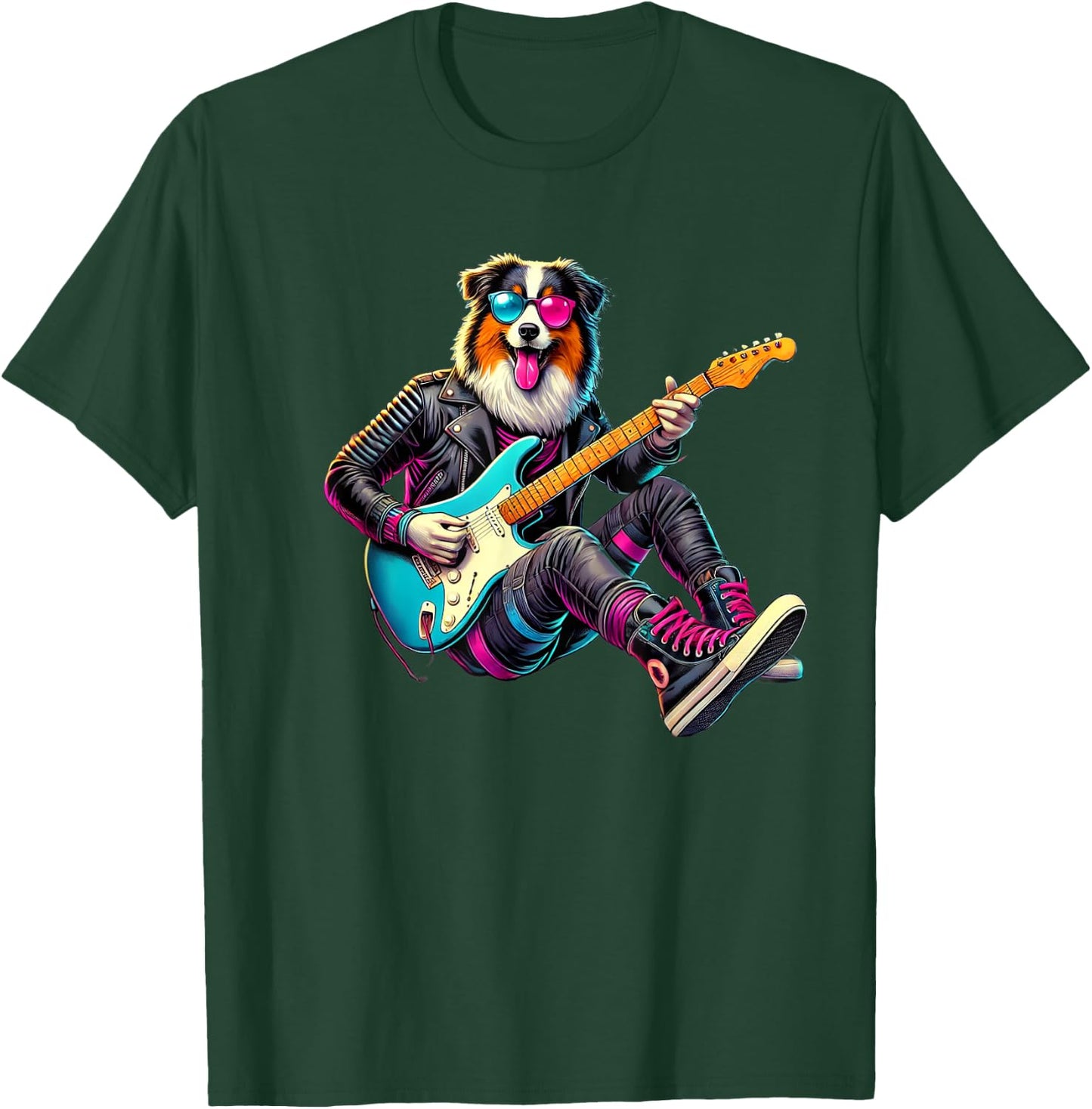 Australian Shepherd Electric Guitar Funny Dog Rock Band Pet Men Women Kids T-Shirt - T-Shirt | Forest