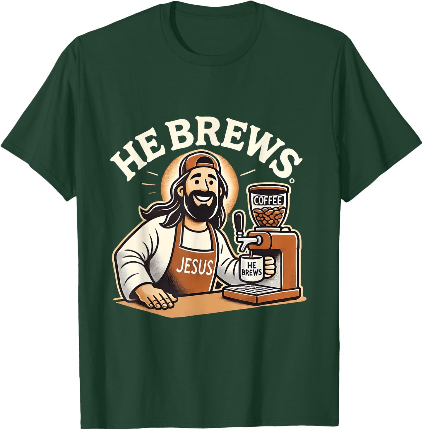 He Brews Coffee Jesus Cartoon Fun Christian Design T-Shirt - T-Shirt | Forest