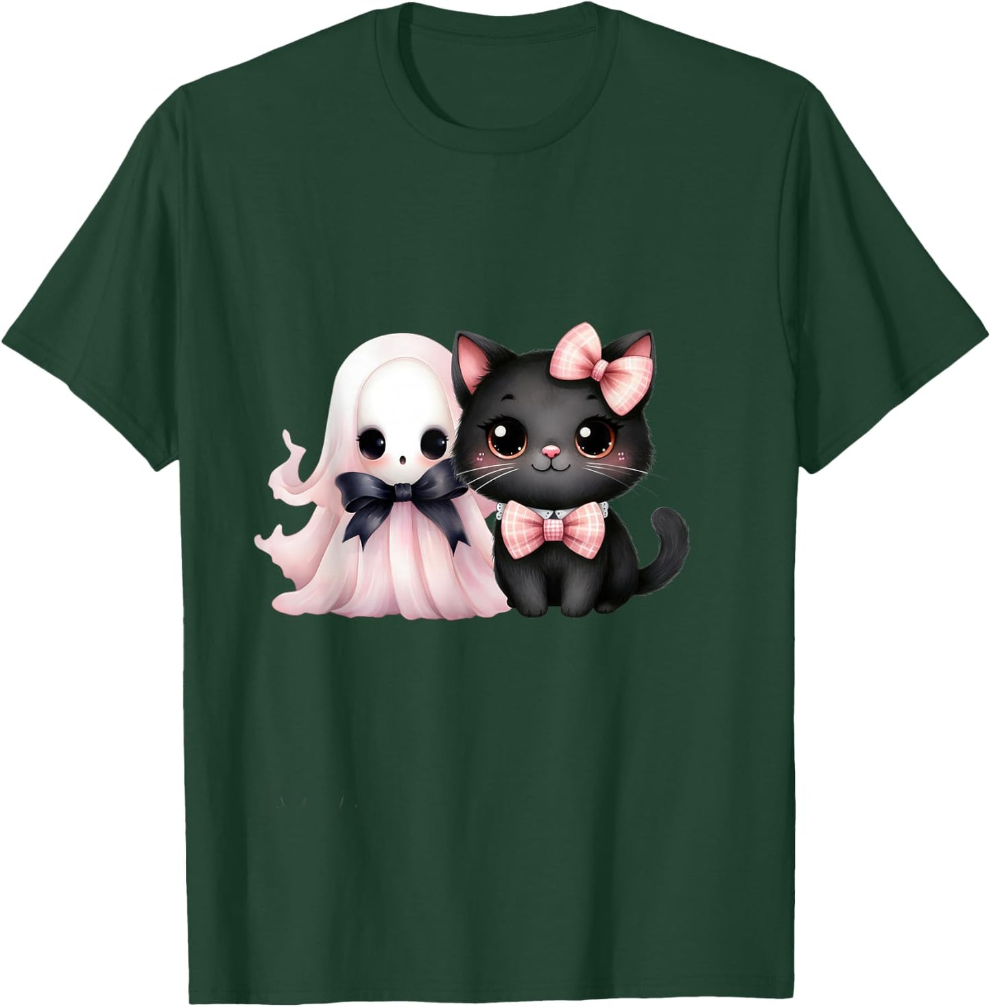 Black Cat Pink Ghost Halloween Pink Bows Coquette Girl Women T-Shirt - T-Shirt | Forest