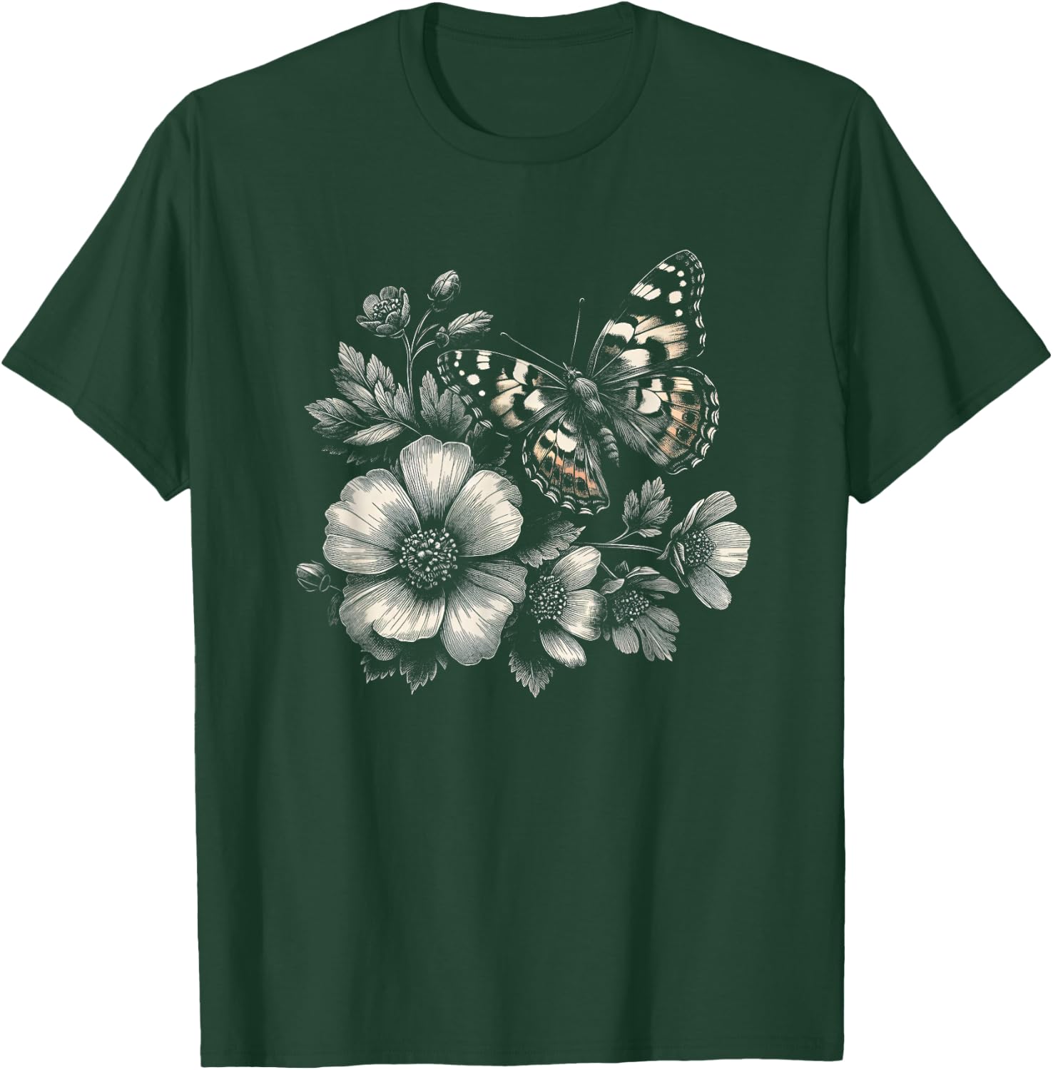 Butterfly with Flowers Graphic Art Design and Men T-Shirt - T-Shirt | Forest