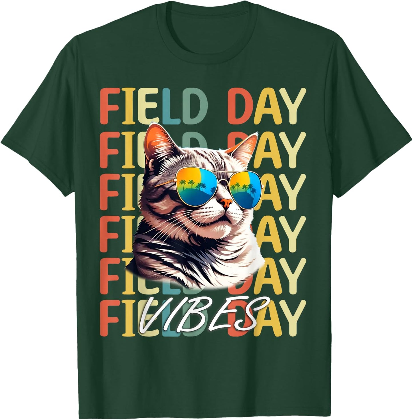 School field day Vibes Summer 2024 Retro Cat Teachers Kids T-Shirt - T-Shirt | Forest