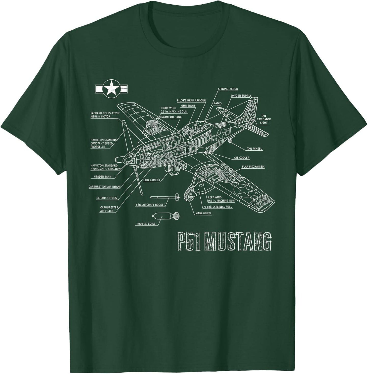 World War 2 American P51 Mustang Fighter Plane blueprint T-Shirt - T-Shirt | Forest