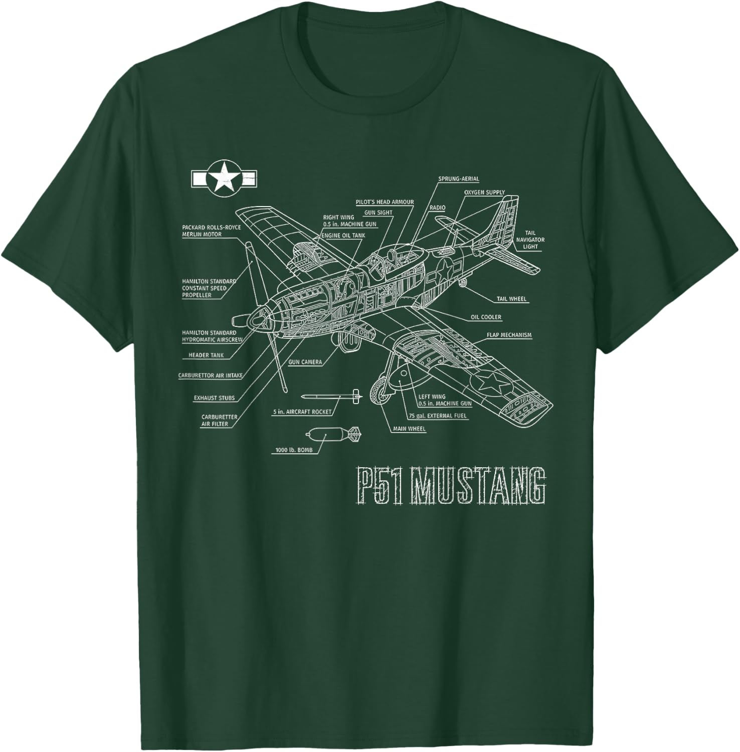 World War 2 American P51 Mustang Fighter Plane blueprint T-Shirt - T-Shirt | Forest