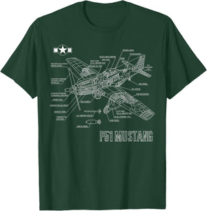 World War 2 American P51 Mustang Fighter Plane blueprint T-Shirt - T-Shirt | Forest