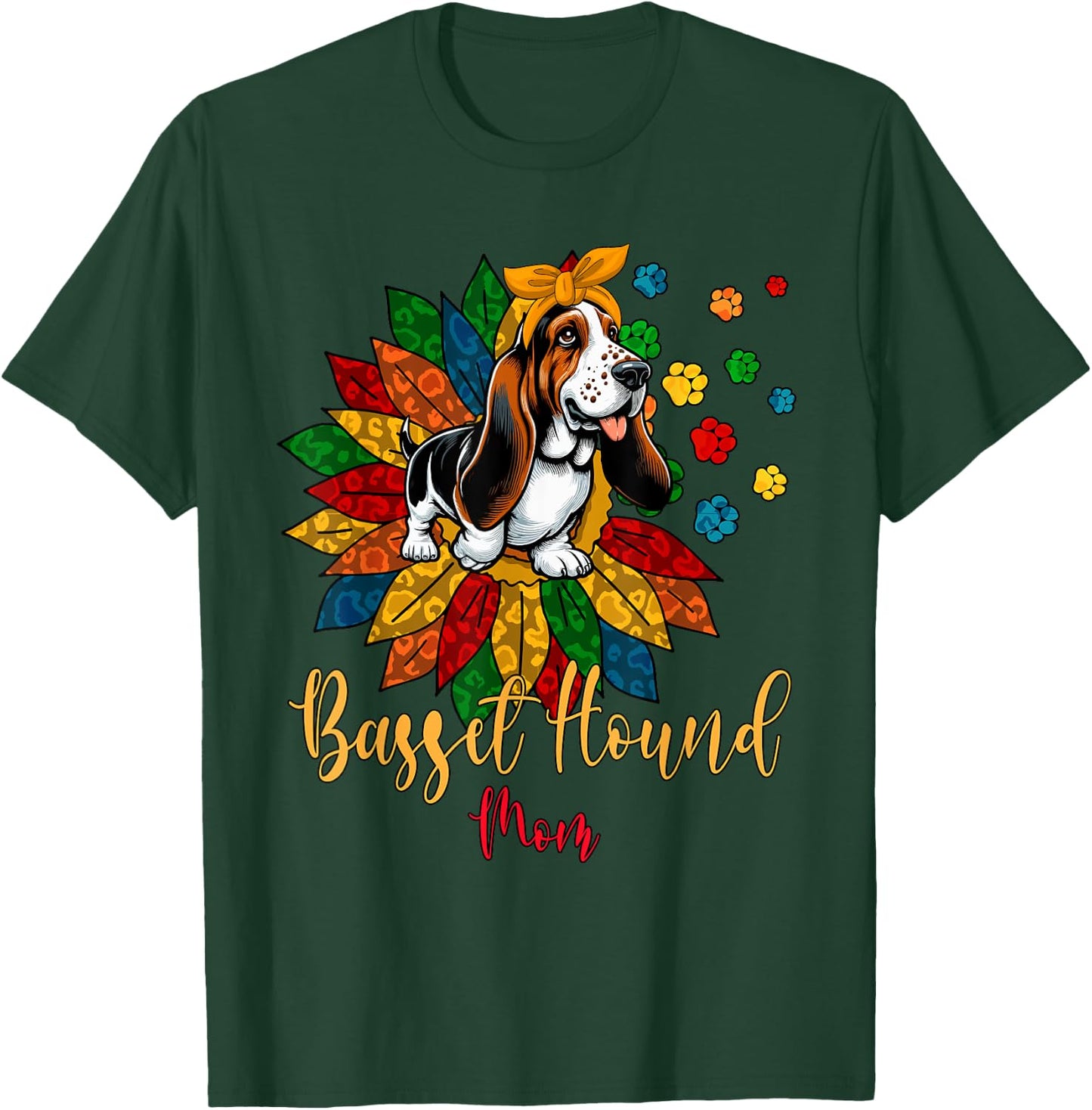Basset Hound Mom Cute Colorful Leopard Sunflower Dog Paws Women Kids T-Shirt - T-Shirt | Forest