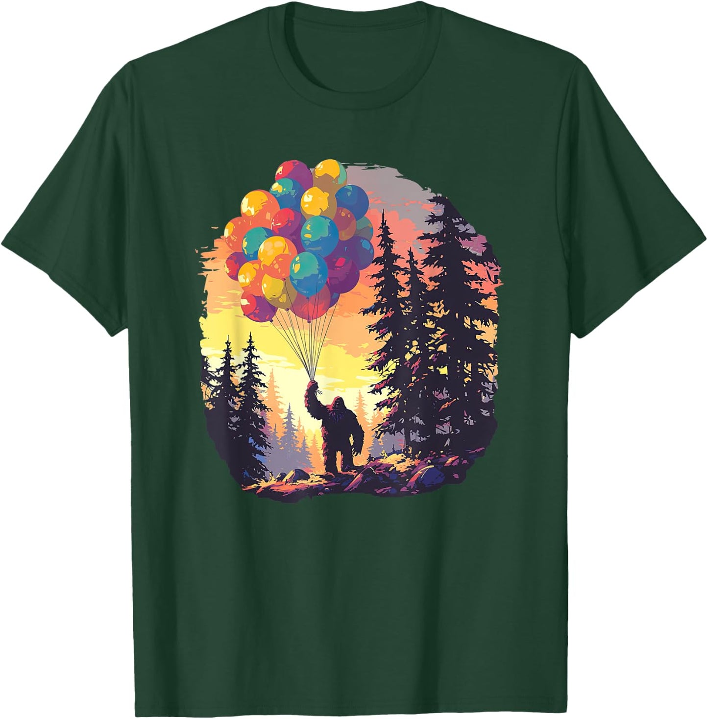 Bigfoot Forest Sunset Birthday Balloons Happy Bday Sasquatch T-Shirt - T-Shirt | Forest