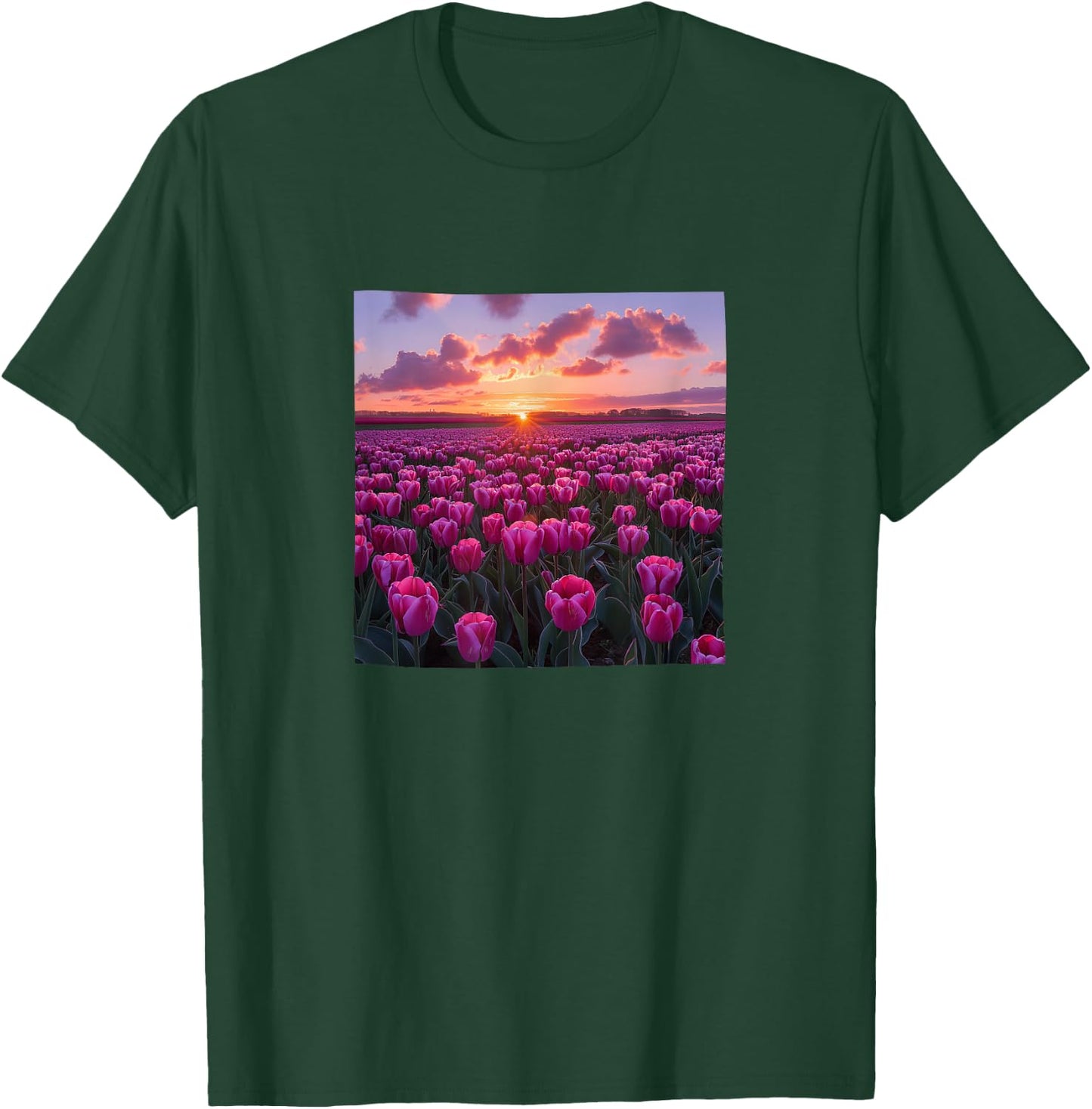 Tulip Flower Field Beautiful Sunset Graphic T-Shirt - T-Shirt | Forest
