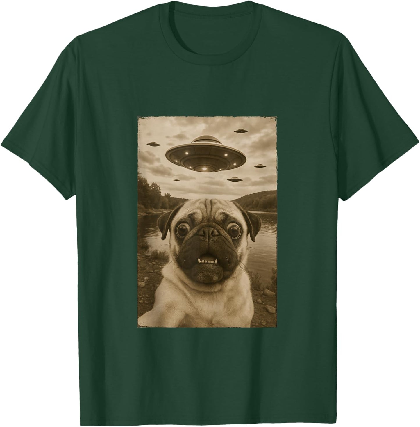 Vintage Pug UFO Encounters - Funny UFO and Pug Selfie T-Shirt - T-Shirt | Forest