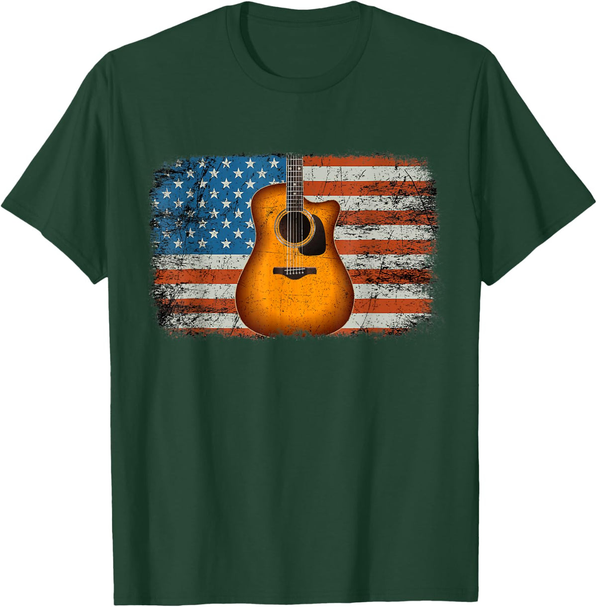Acoustic Guitar 4th of July American Flag USA Country Music Women Kids Men T-Shirt - T-Shirt | Forest