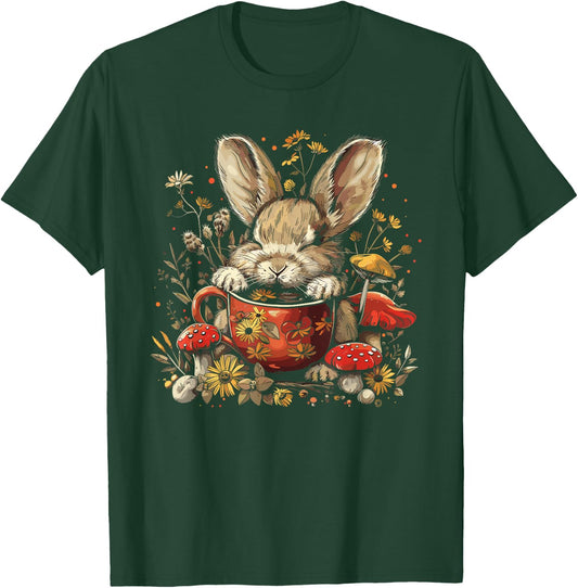 Rabbit Floral Bunny Cottagecore Aesthetic Tea Cup T-Shirt - T-Shirt | Forest