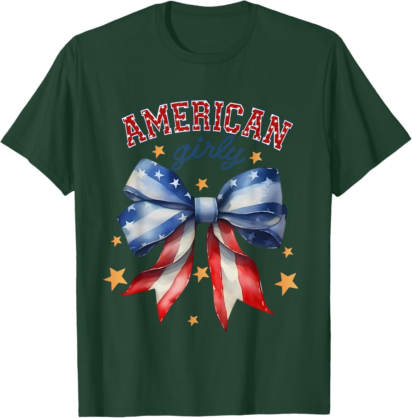 American Girly Coquette Bow 4th of July Flag Women Girls T-Shirt - T-Shirt | Forest