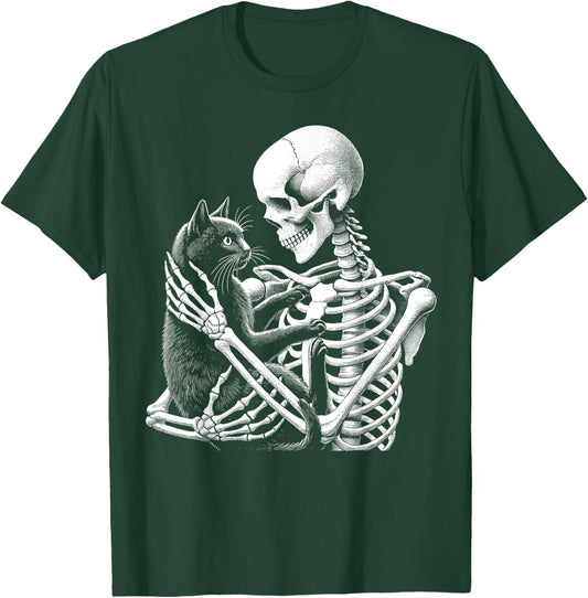 Skeleton Holding A Cat Funny Lazy Halloween Costume Skull T-Shirt - T-Shirt | Forest