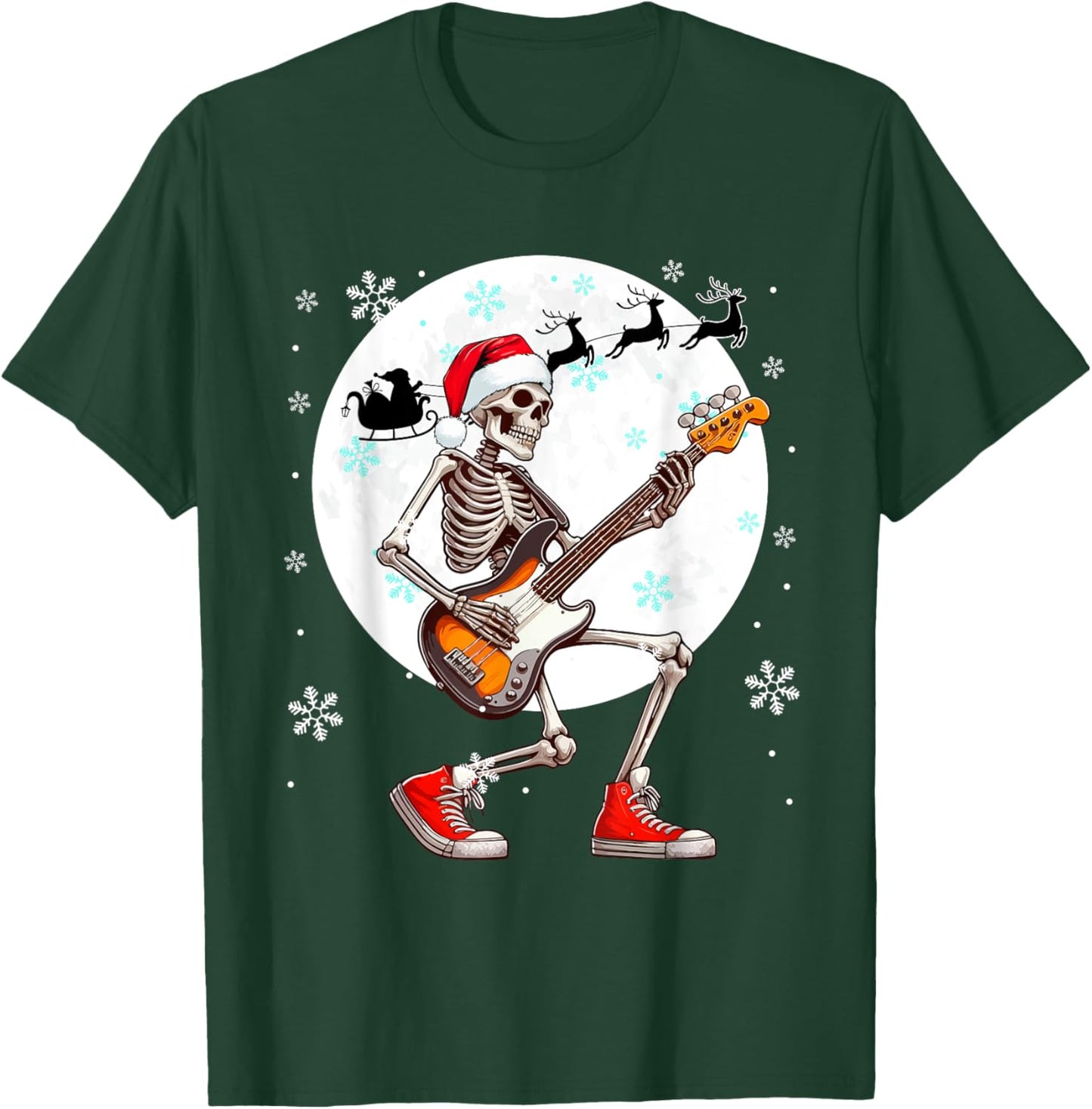 Christmas Santa Skeletons Playing Guitar Bass Guitarist T-Shirt - T-Shirt | Forest