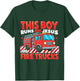 Kids This Boy Runs on Jesus and Fire Trucks Firefighter Toddler T-Shirt - T-Shirt | Forest