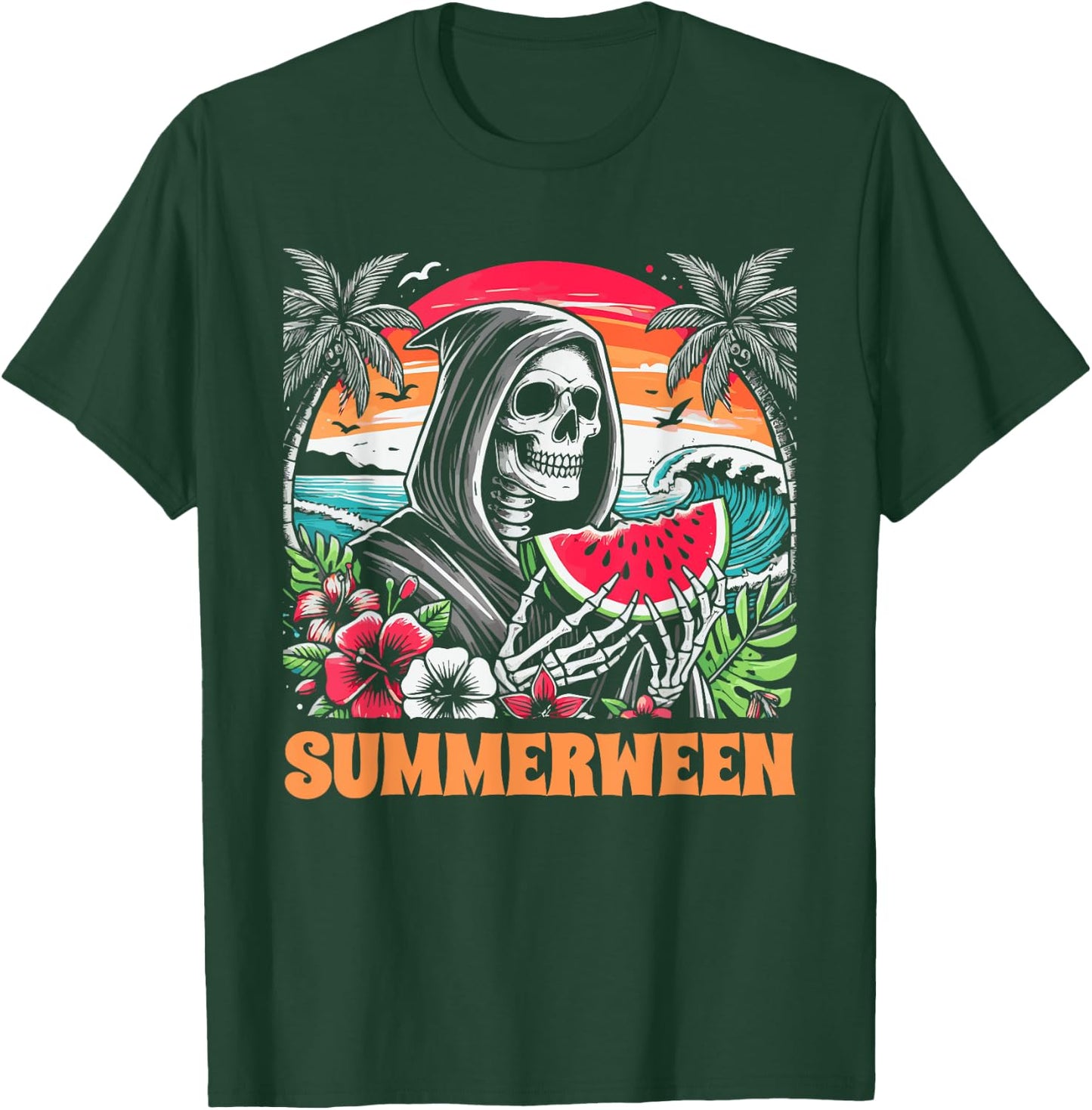 Summerween Skeleton Tropical Beach Scene T-Shirt - T-Shirt | Forest