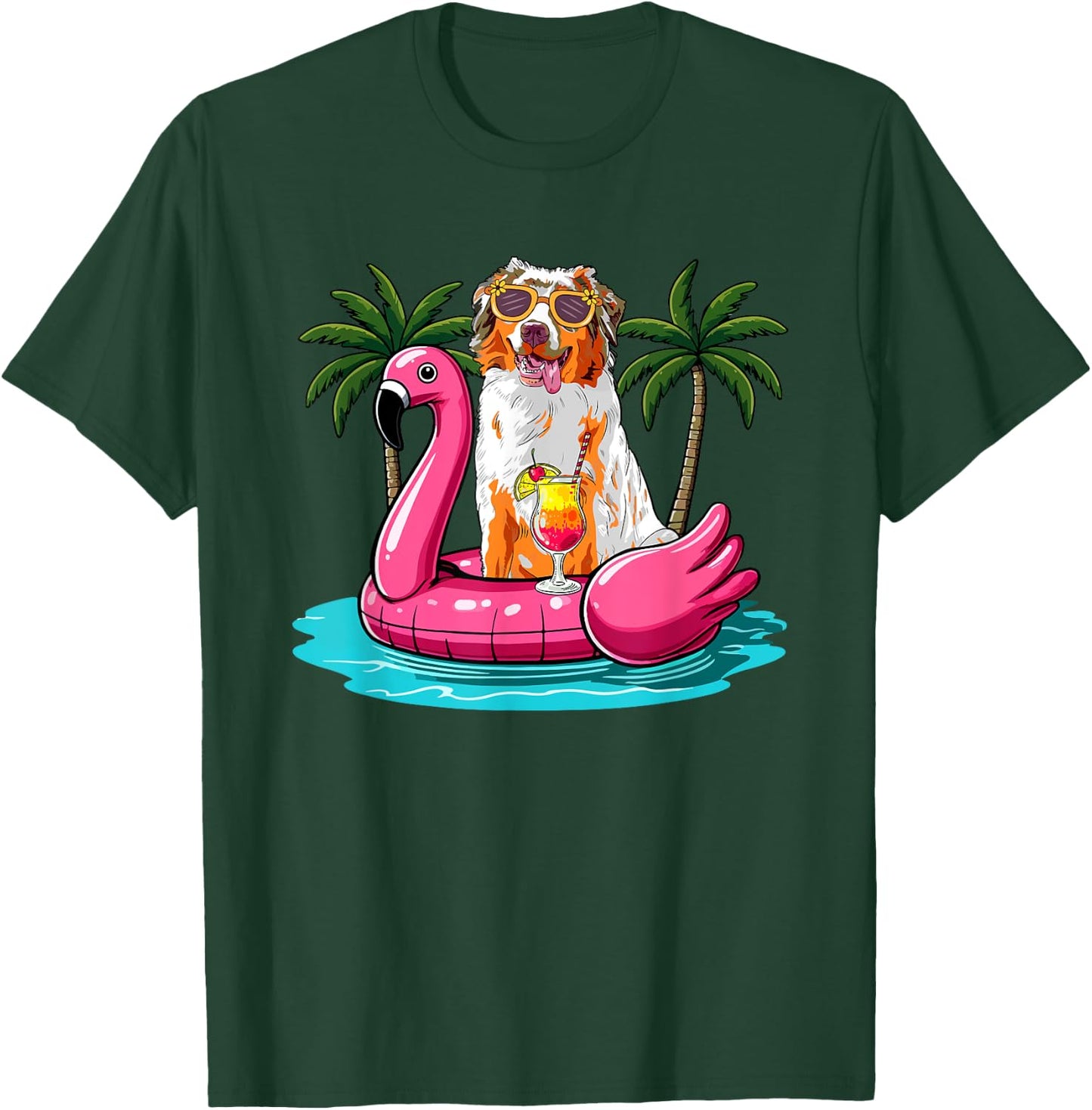 Australian Shepherd Sunglasses On Flamingo Cute Float Lover T-Shirt - T-Shirt | Forest