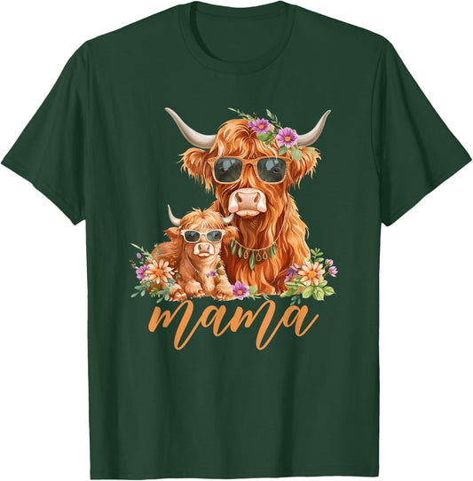Cute Mama Highland Cow With Baby Calf Boho Floral Mommy Cow T-Shirt - T-Shirt | Forest