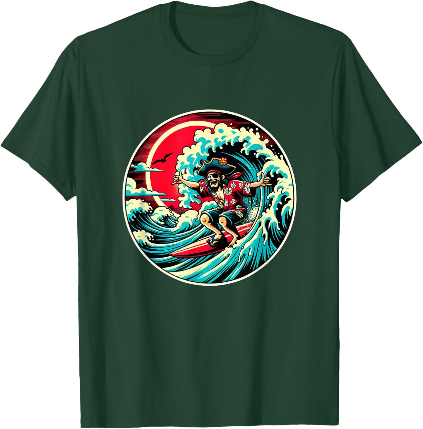 Great Wave Kanagawa Pirate Surfing T-Shirt - T-Shirt | Forest