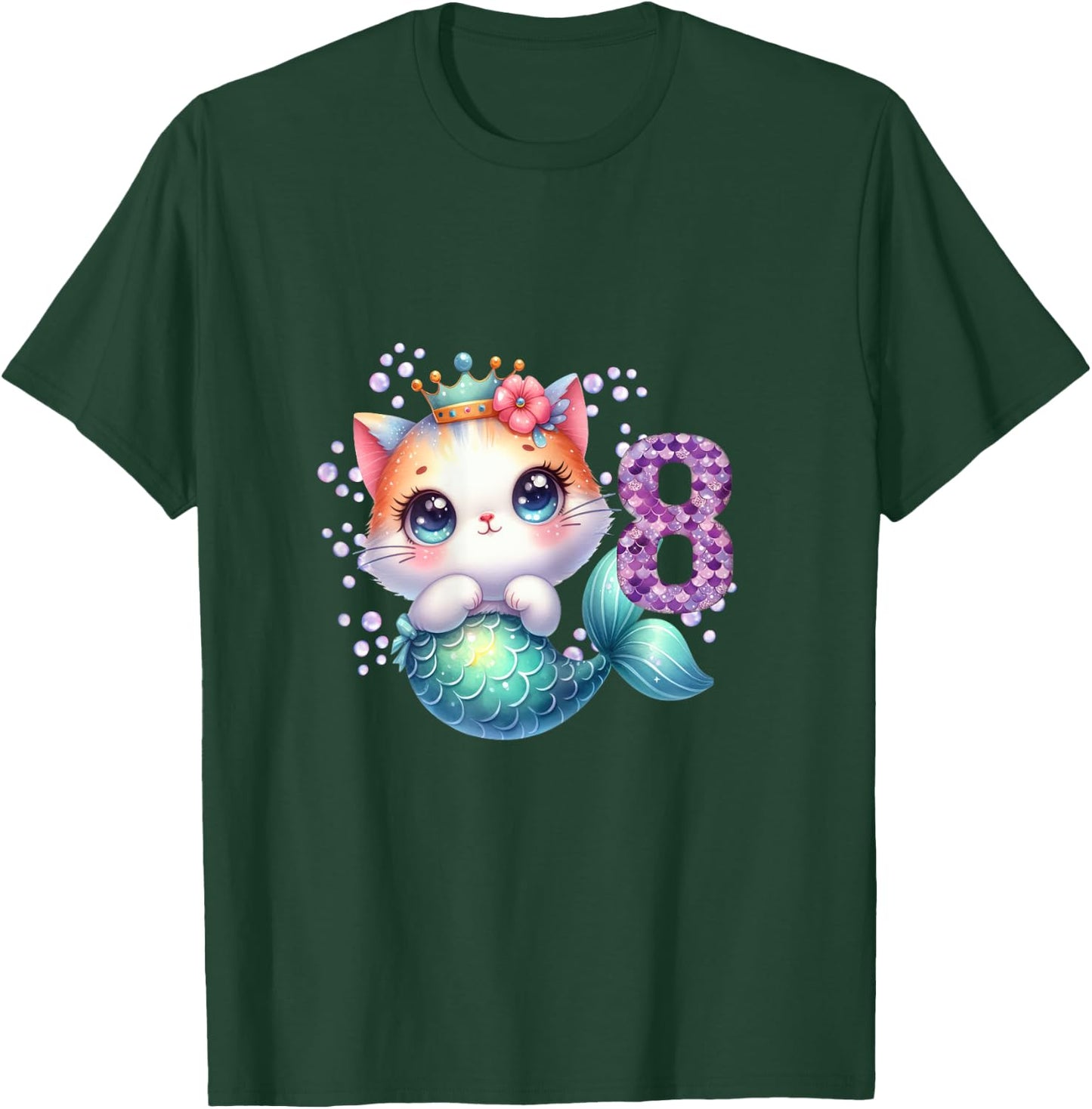 Cat Mermaid 8th Birthday 8 Year Old Party Girls Outfit T-Shirt - T-Shirt | Forest
